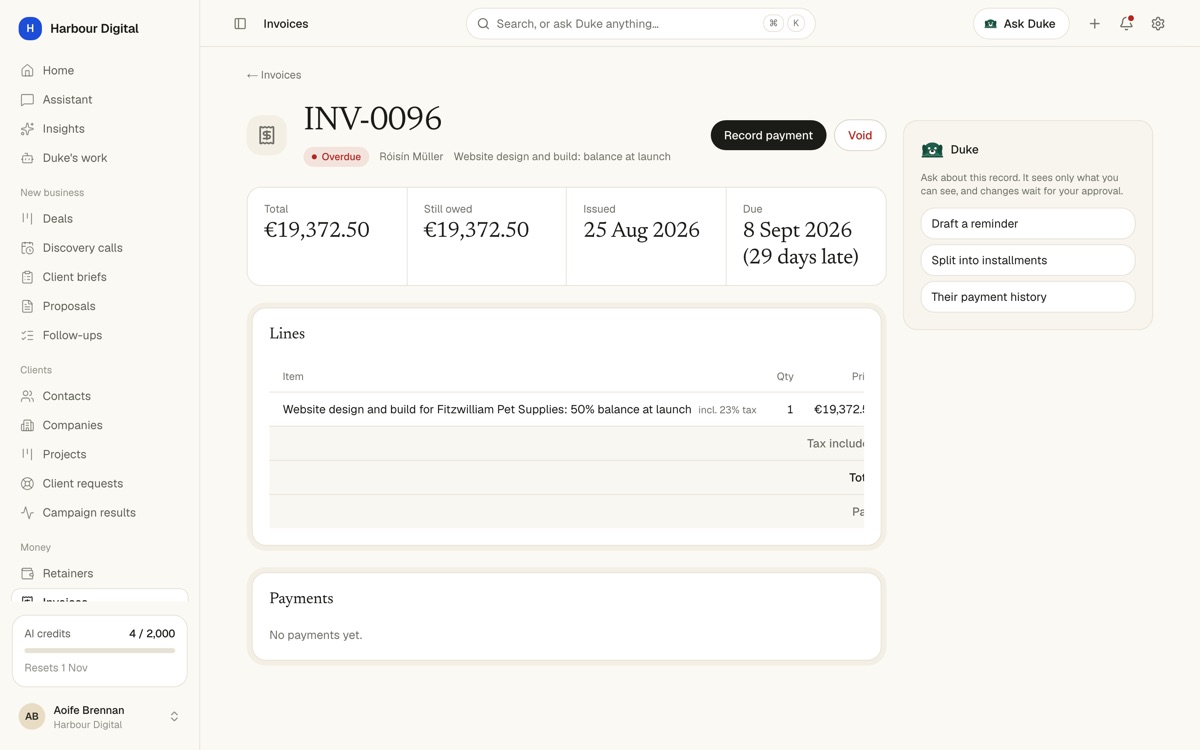 Invoice INV-0096 marked overdue for €19,372.50 with Record payment and Void buttons, and a Duke panel offering to draft a reminder or split it into instalments