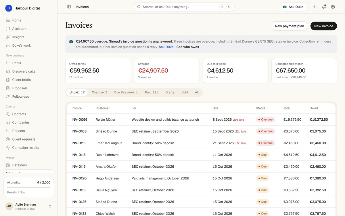 Invoices with totals for owed and overdue at the top, and a list of retainer and deposit invoices with their status