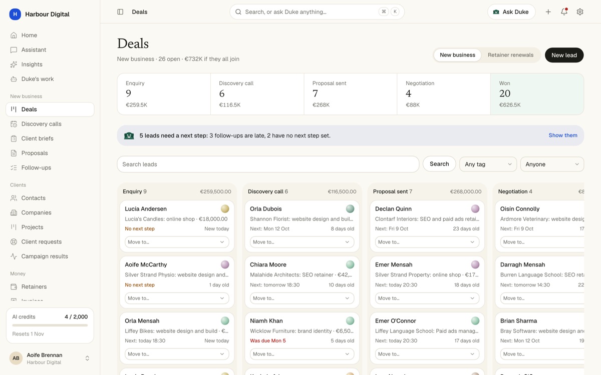 A Deals board with stages Enquiry, Discovery call, Proposal sent, Negotiation and Won, with values per stage