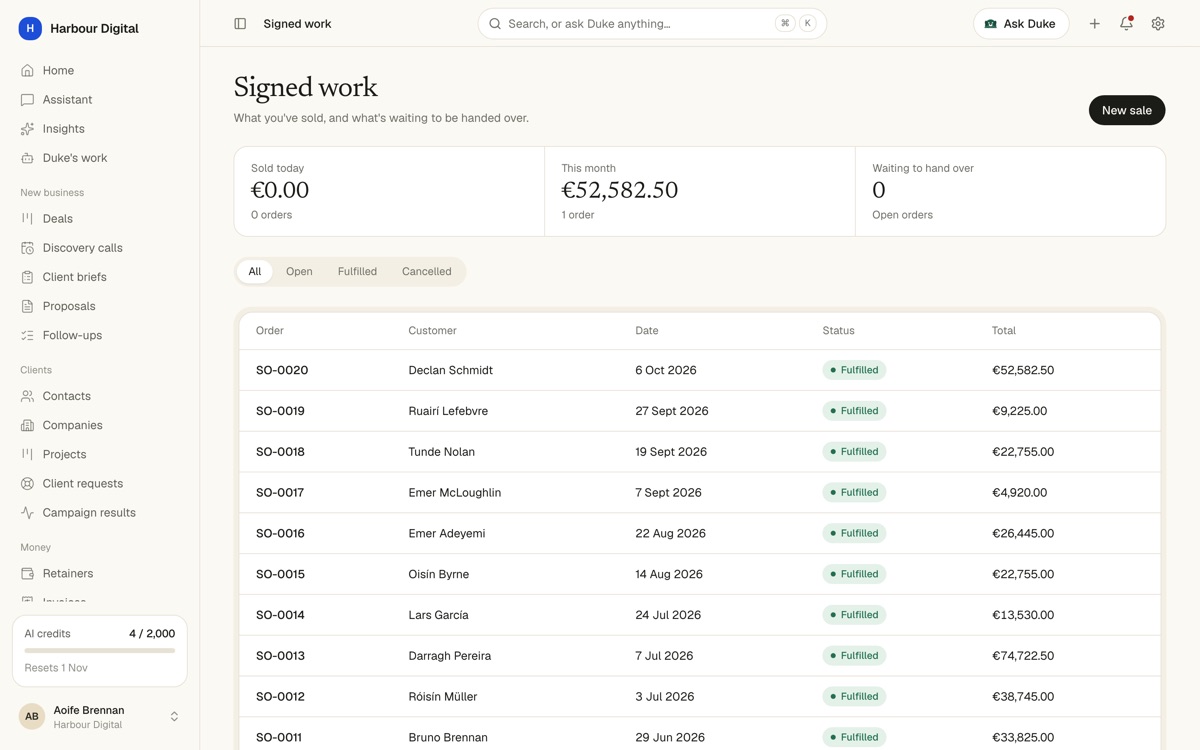 A list of orders SO-0011 to SO-0020 with customers, totals and the status Fulfilled