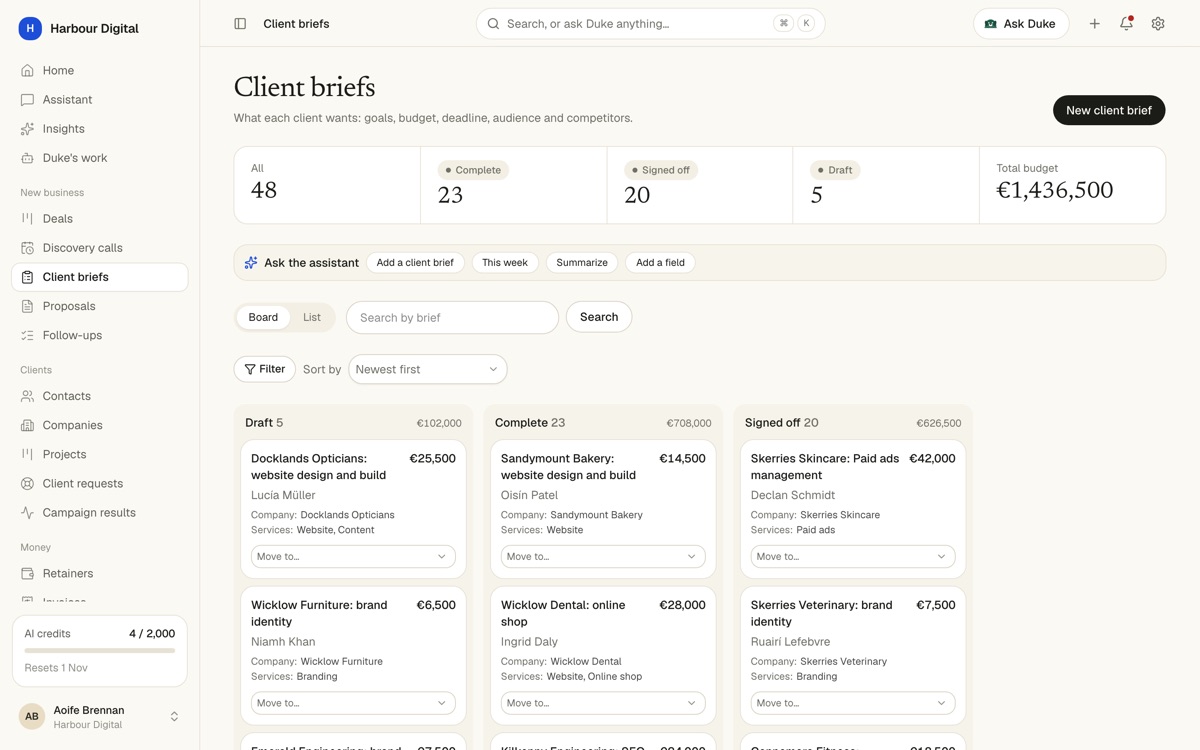 A Client briefs board with Draft, Complete and Signed off columns and budgets