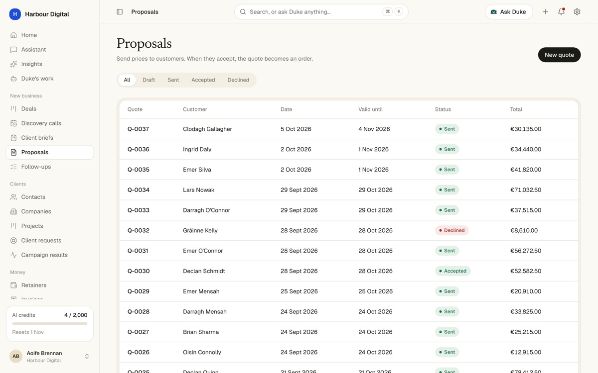 A list of proposals numbered Q-0026 to Q-0037 with customers, totals and the status Sent, Accepted or Declined