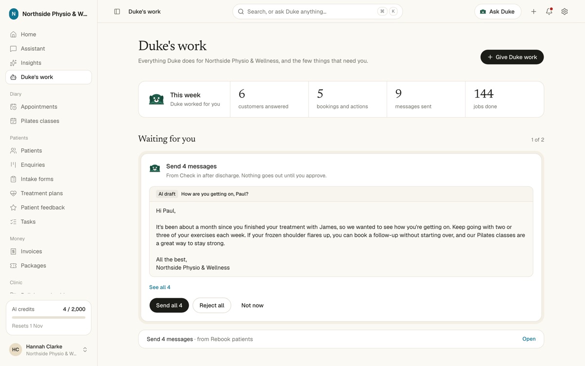Duke's work: four check-in messages drafted after discharge, waiting for approval