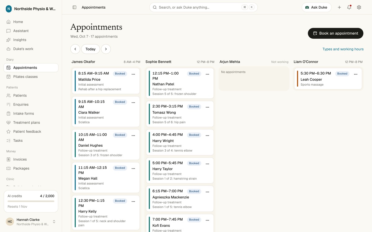 An appointments diary with a column per practitioner and their working hours