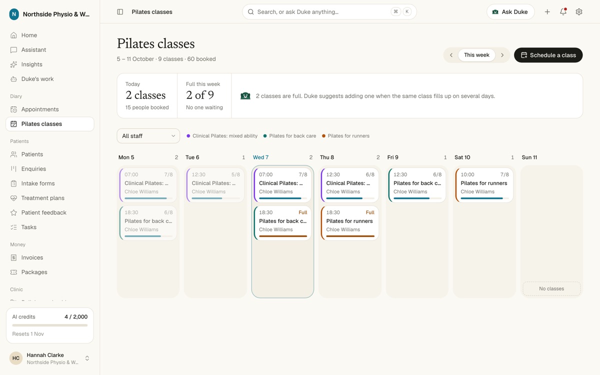A week of classes with places taken and two full classes