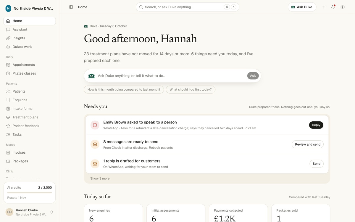Northside Physio & Wellness in SmartDuke: the Home page Duke prepares each morning