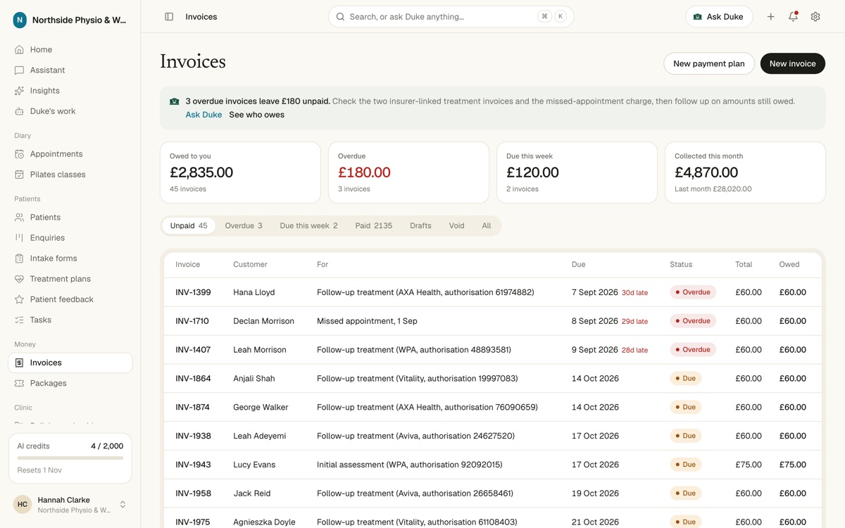 Invoices list with paid, due and overdue invoices