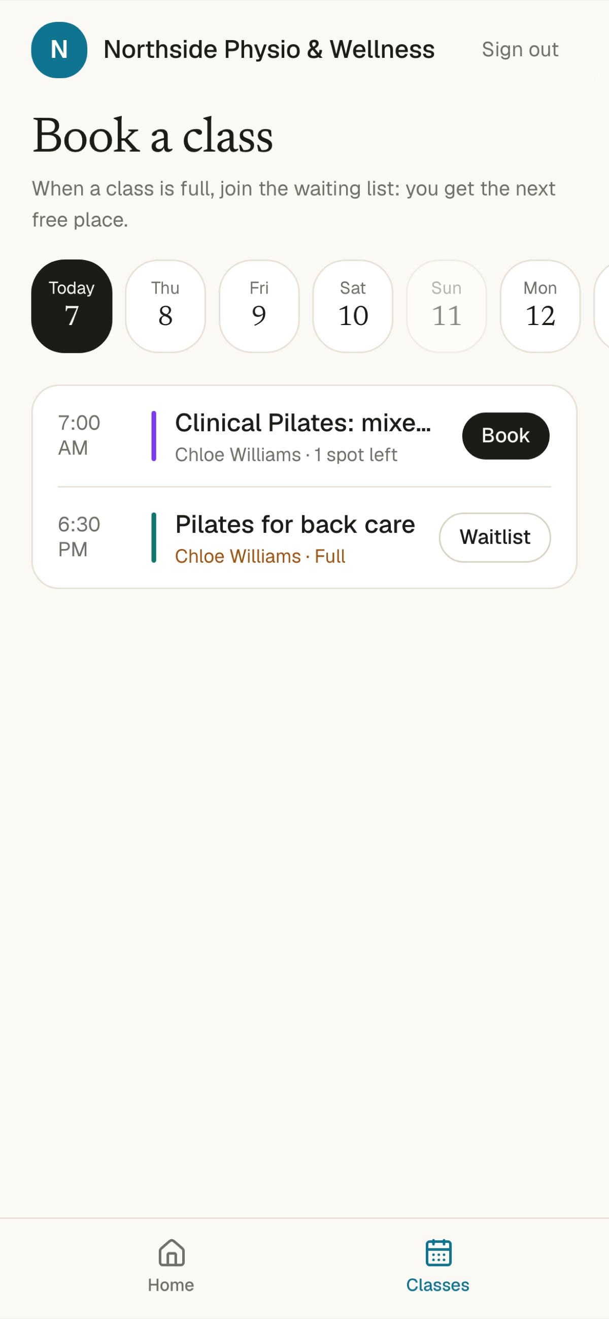 Phone screen for booking Pilates: Clinical Pilates with 1 spot left and a Book button, Pilates for back care marked Full with a Waitlist button