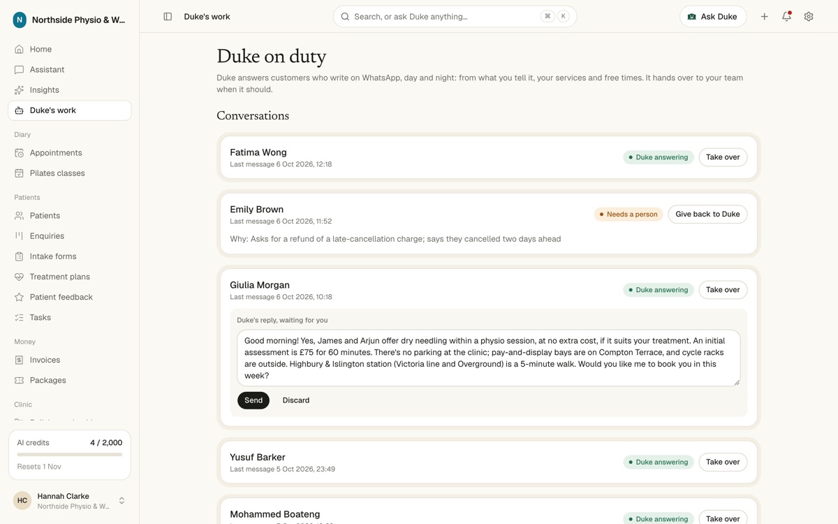 Duke on duty: WhatsApp conversations, a drafted reply and one conversation handed to a person