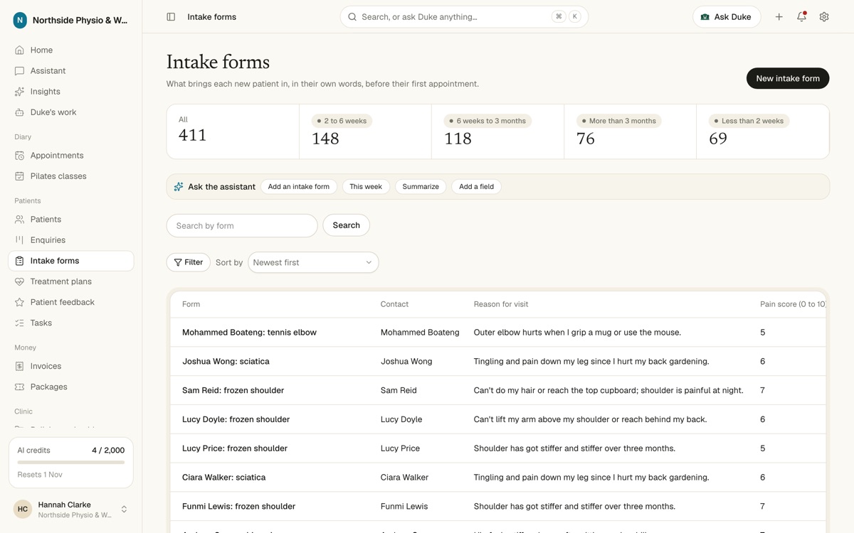 Intake forms table with reason for visit, pain score and how long