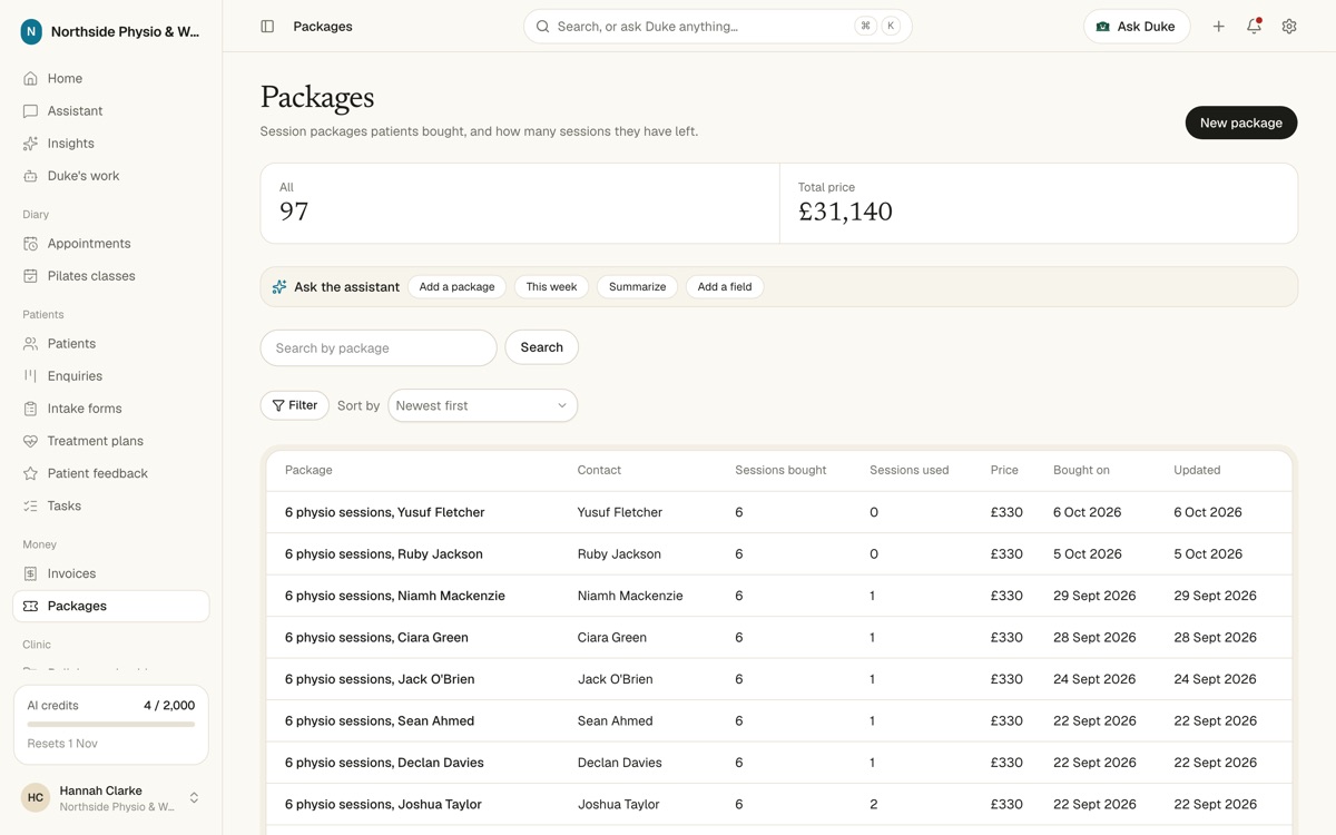 Packages table with sessions bought and used and the price