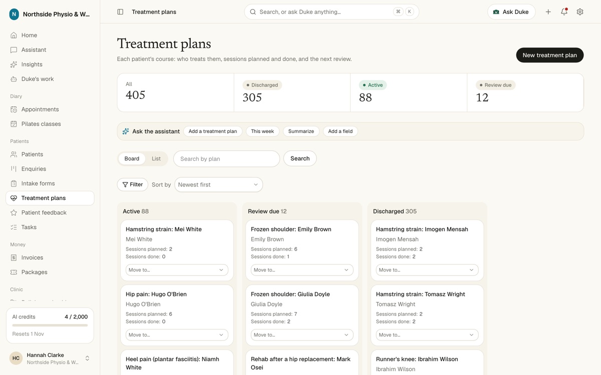 Treatment plans board with Active, Review due and Discharged columns, sessions planned and done on each card