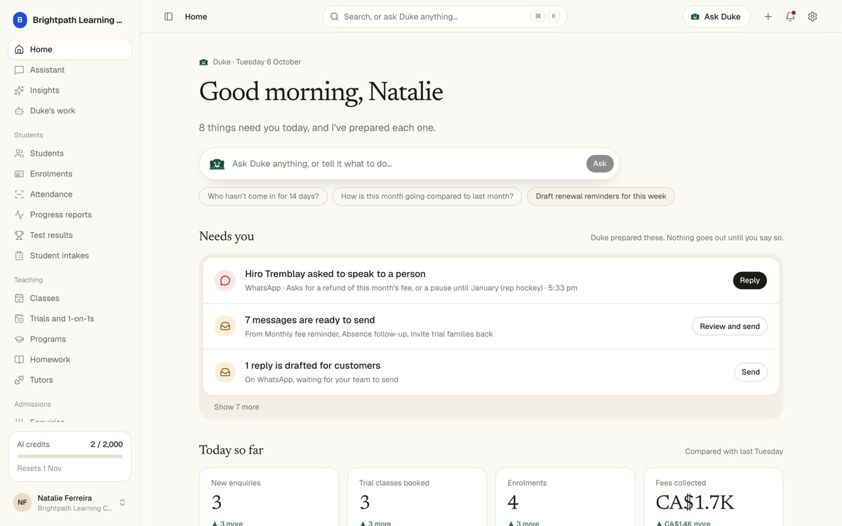 Brightpath Learning Centre in SmartDuke: the Home page