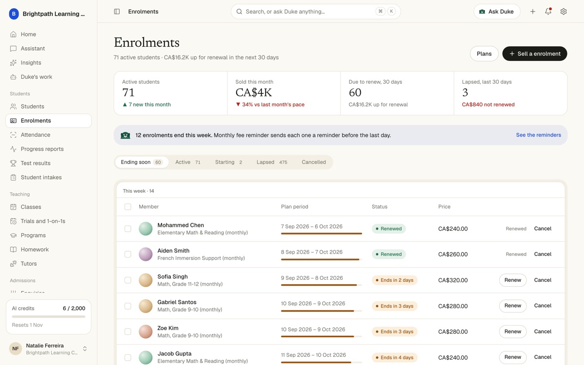 Enrolments page with 71 active students, CA$4K sold this month, 60 due to renew and 3 lapsed, and rows marked Renewed or Ends in 2 days with Renew buttons