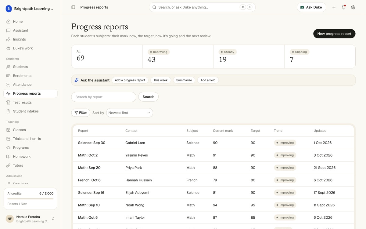 Progress reports: subject, current mark, target and trend, grouped Improving, Steady and Slipping