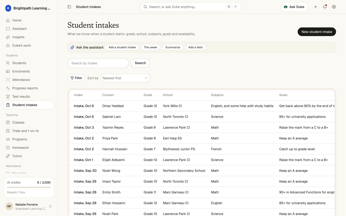 Student intakes table with grade, school, subjects and goals