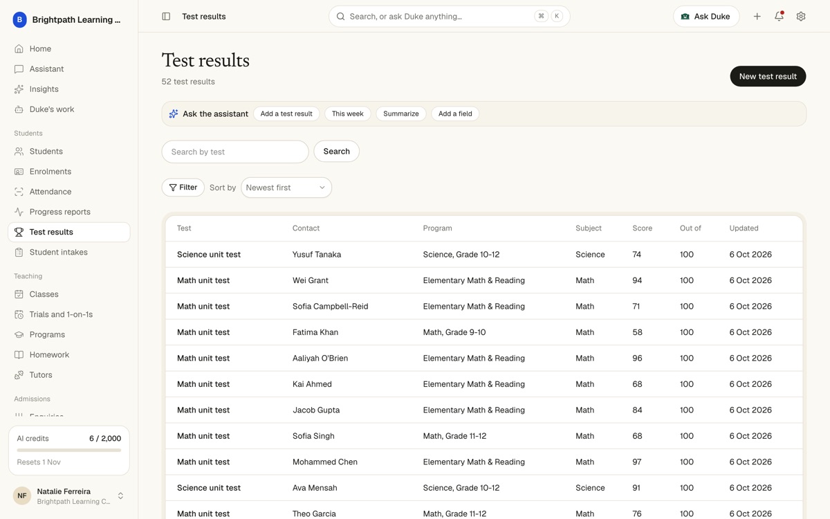 Test results: student, program, subject, score and date