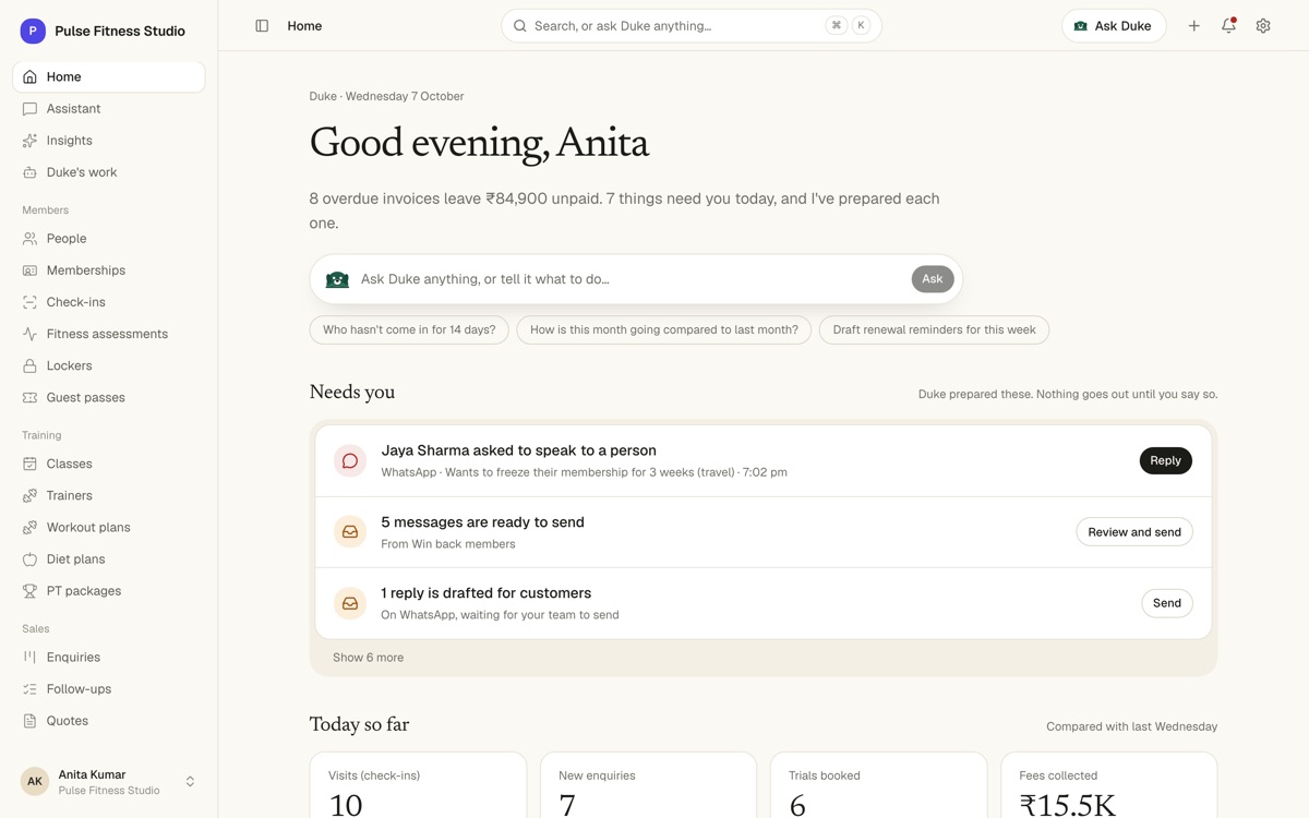 Pulse Fitness Studio in SmartDuke: the Home page Duke prepares each morning