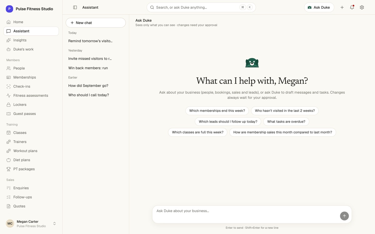 The Assistant page: “What can I help with, Megan?” with suggested questions and a list of past conversations