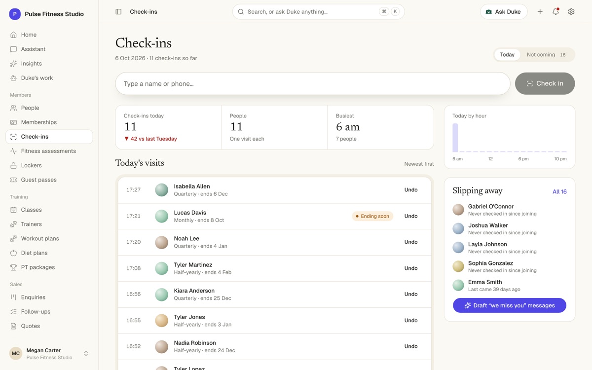 The check-ins page with the check-in box, today's visits and the people slipping away