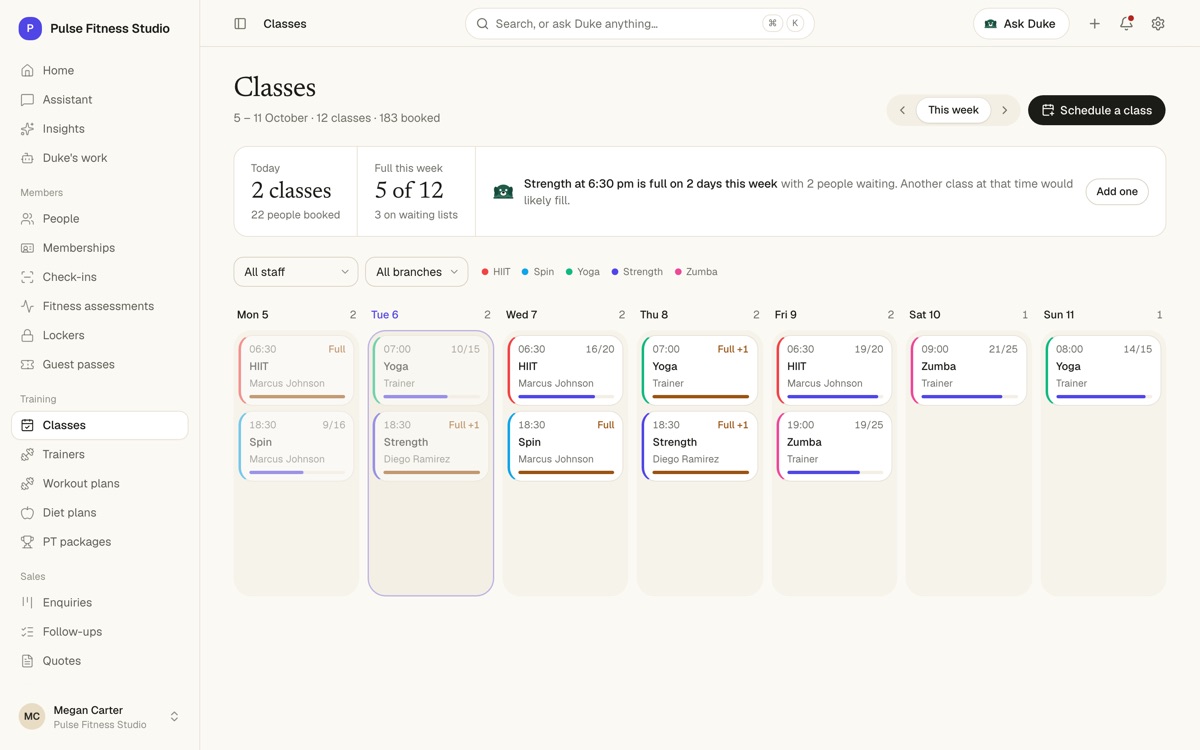 A week of classes with places taken and waiting lists, and Duke's idea to add a class