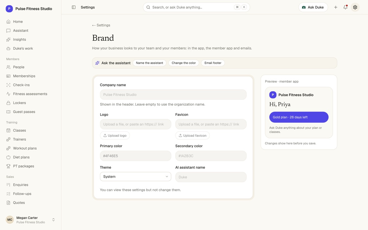 The brand settings with a preview of the member app