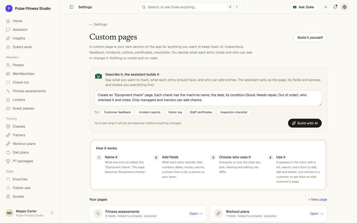 Settings, Custom pages: a box to describe a page for the assistant to build, how it works in four steps, and the gym's pages Fitness assessments and Workout plans