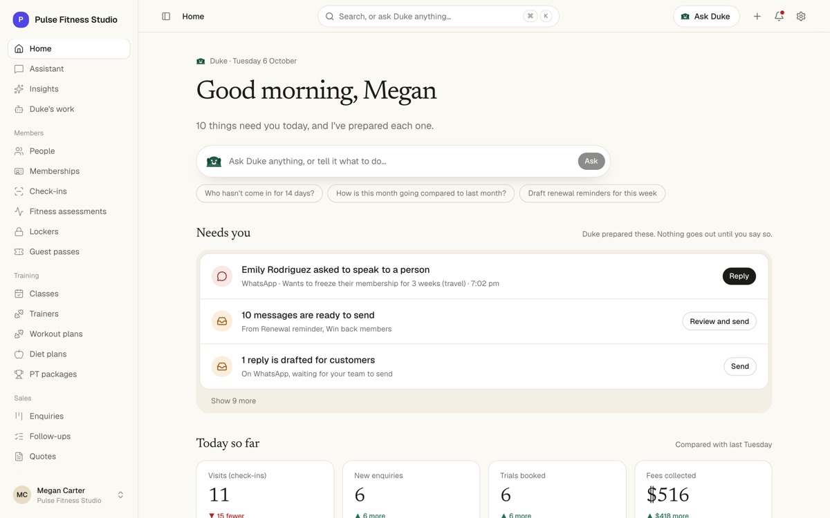 Home: the greeting, the ask box, Needs you and Today so far