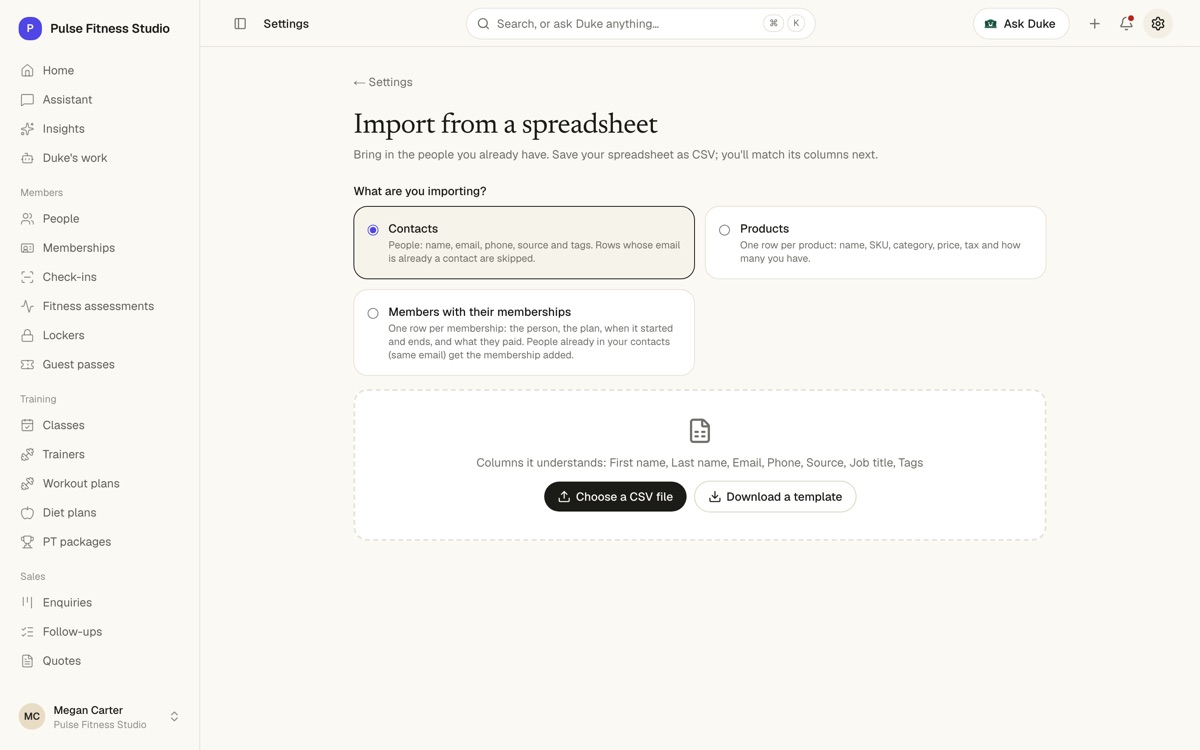Import from a spreadsheet: choose what you're importing
