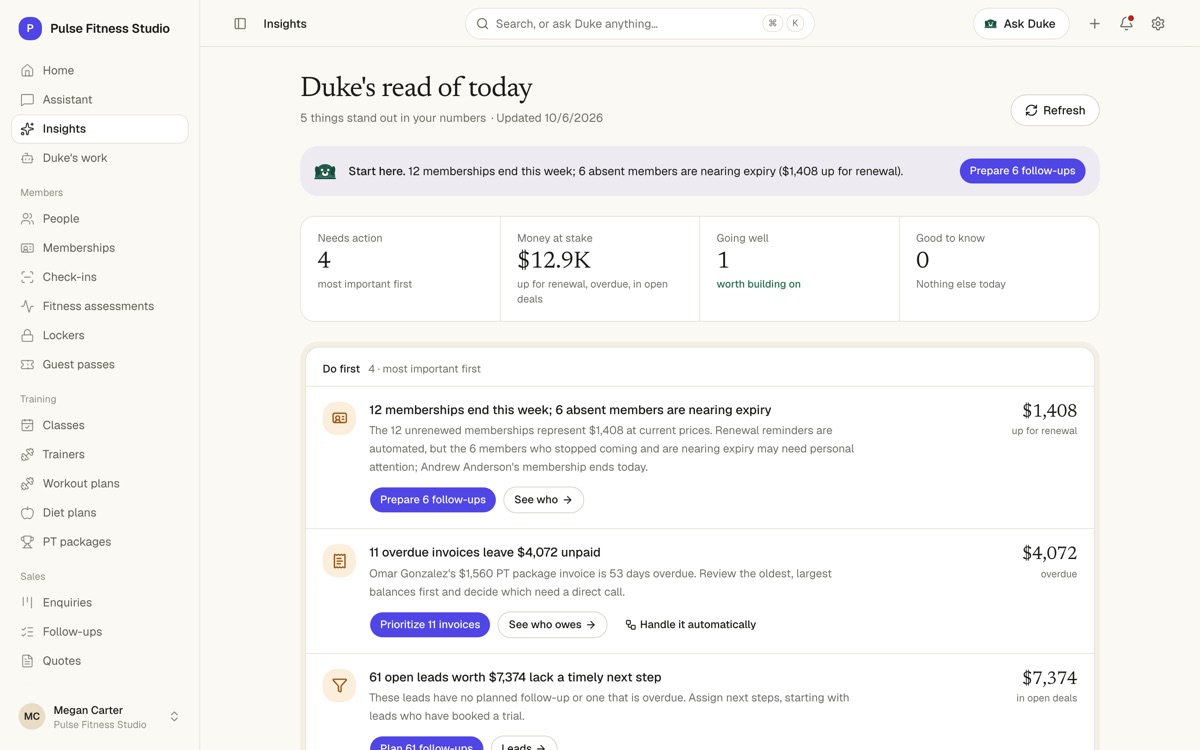 Insights: Duke's read of today, with 4 things needing action, $12.9K at stake, and a Do first list of renewals, overdue invoices and leads without a next step