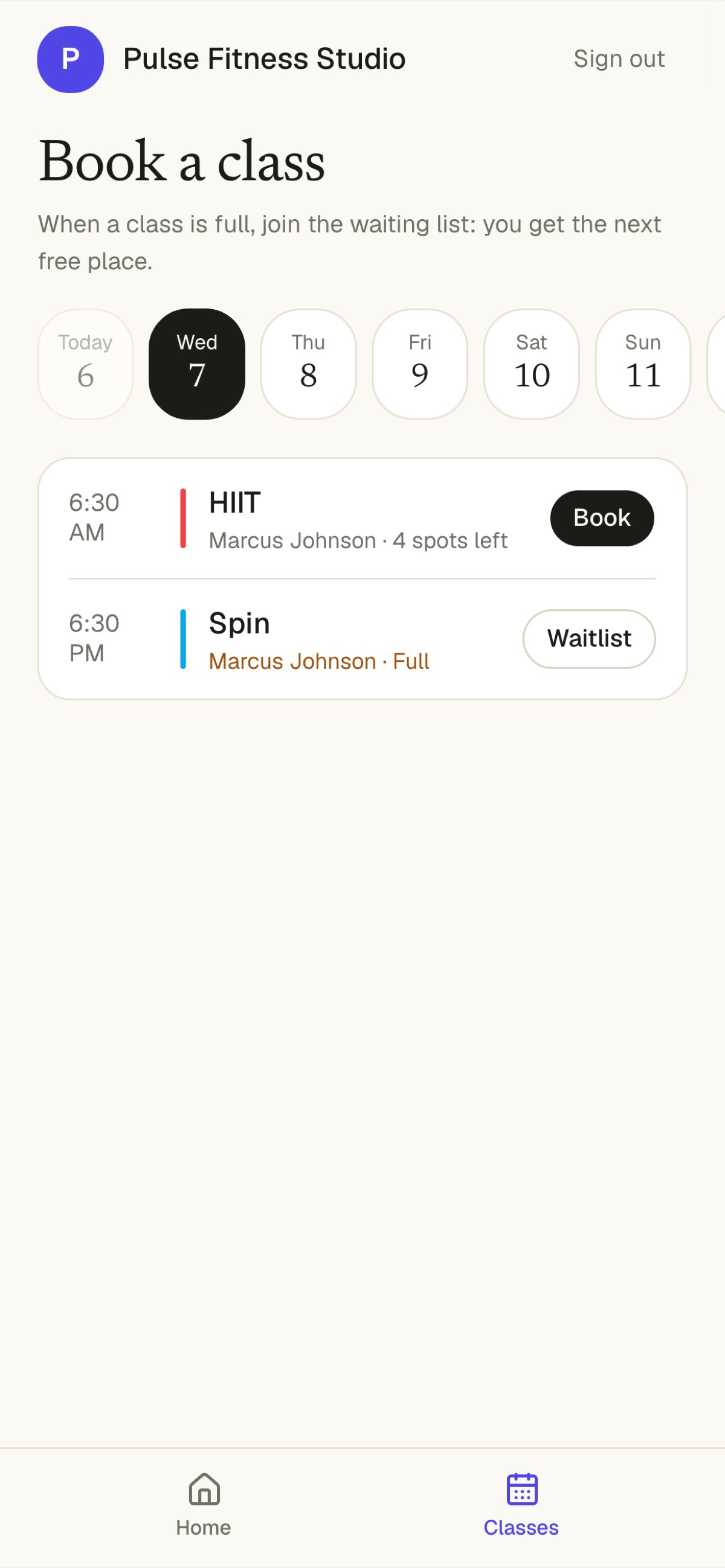 Booking a class in the member app
