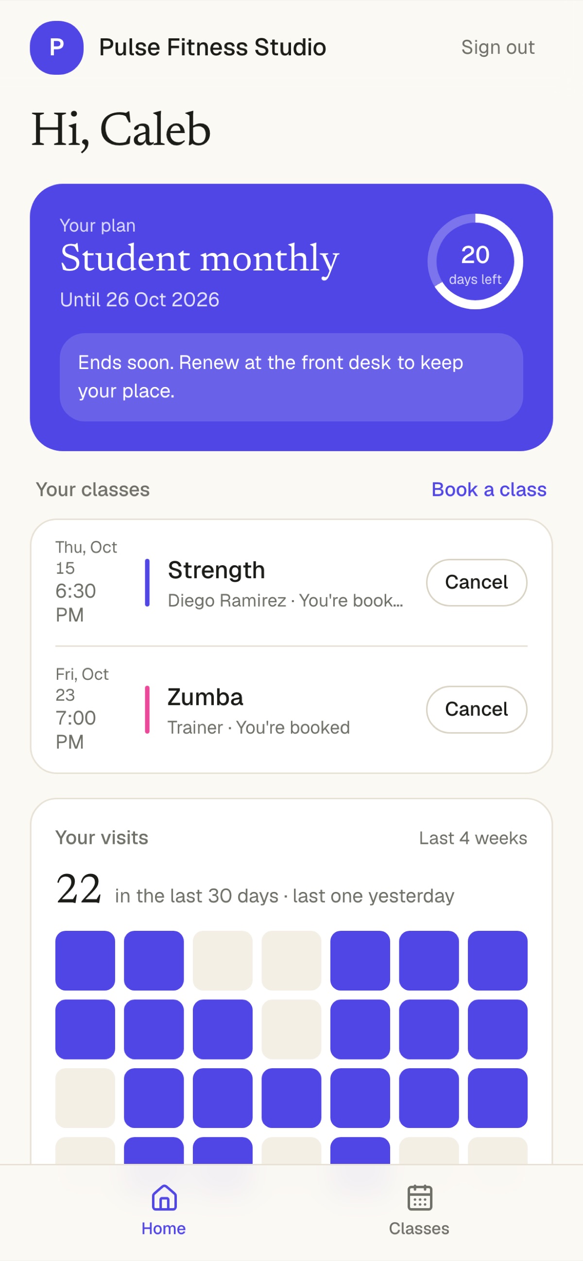 The member app home: plan, visits and classes