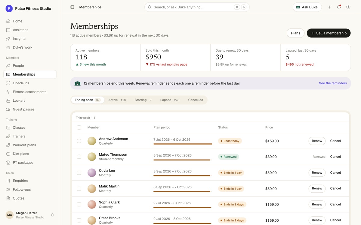 Memberships page with 118 active, $950 sold this month, 39 due to renew and 5 lapsed, and an Ending soon list with progress bars and Renew buttons