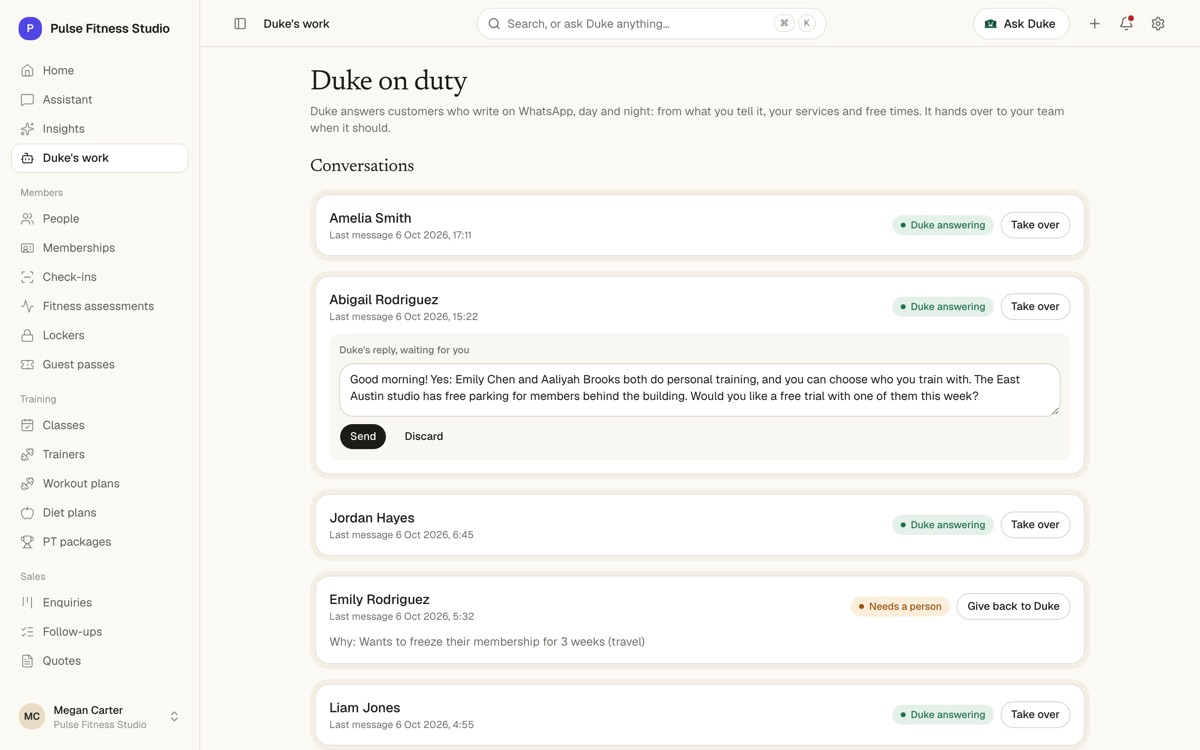Duke on duty: WhatsApp conversations Duke is answering, a drafted reply about a free trial, and one conversation handed to a person with the reason