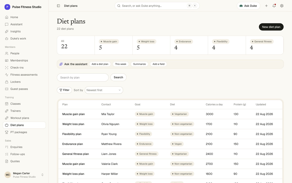 A Diet plans table with goal, diet type, calories, protein and review date