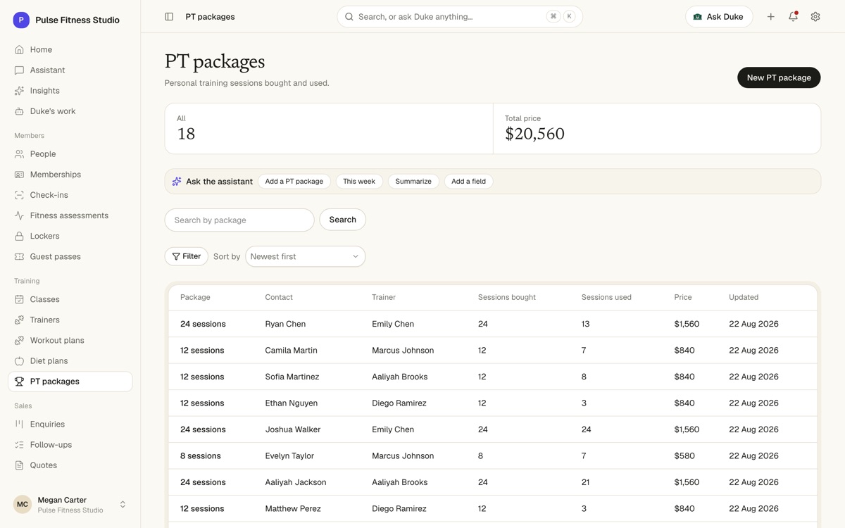 A PT packages table with trainer, sessions bought and used, price and expiry