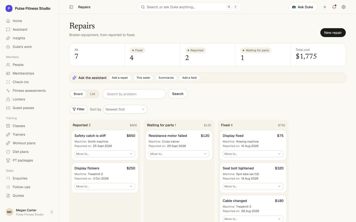 Repairs board: Reported, Waiting for parts and Fixed, with costs