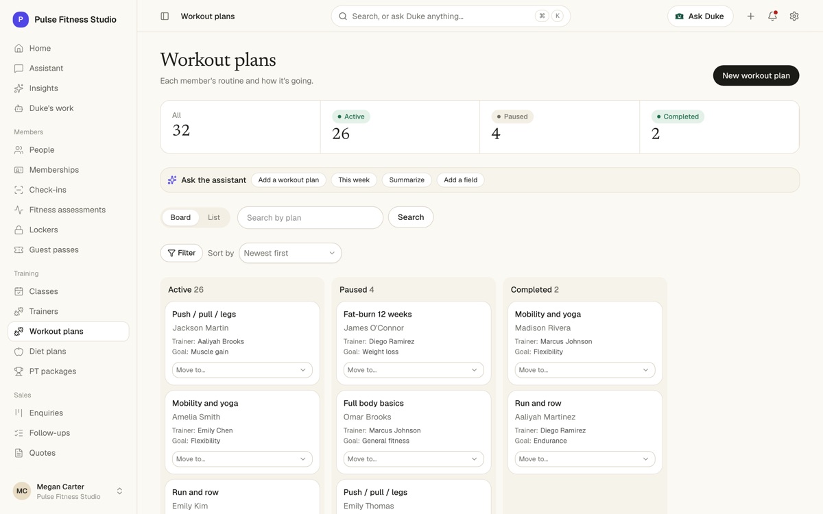 A custom page listing workout plans for members