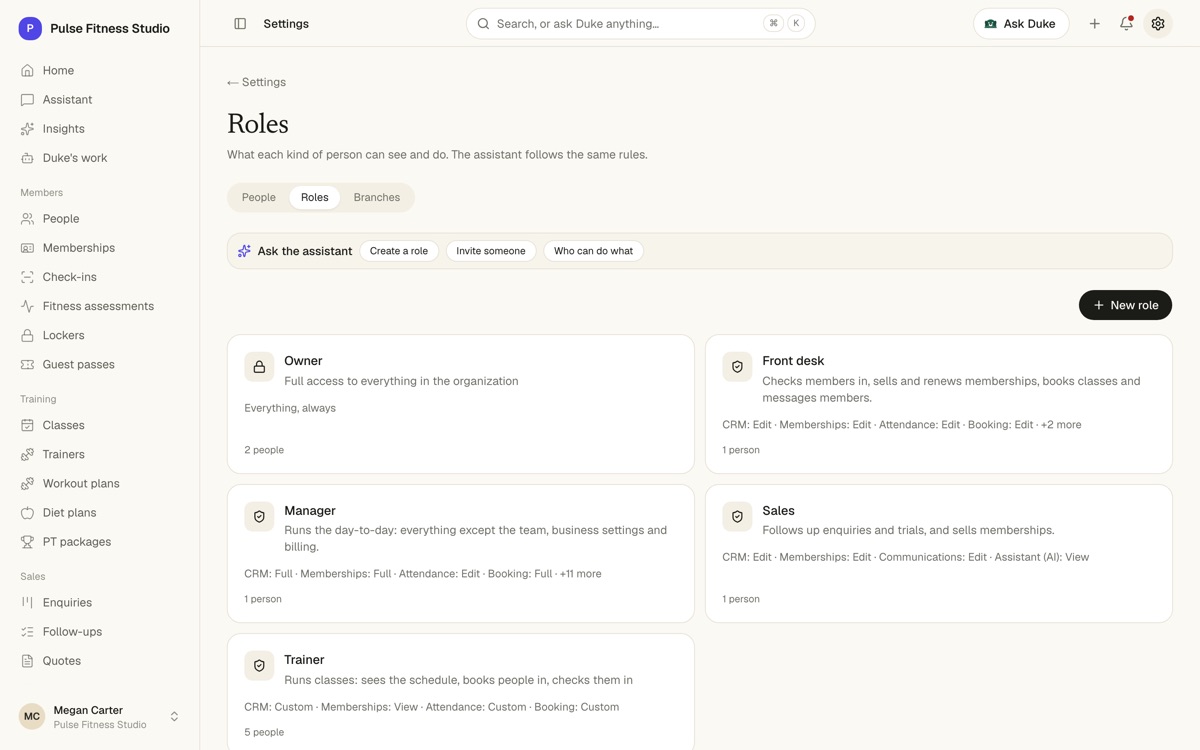 Roles with their access summaries