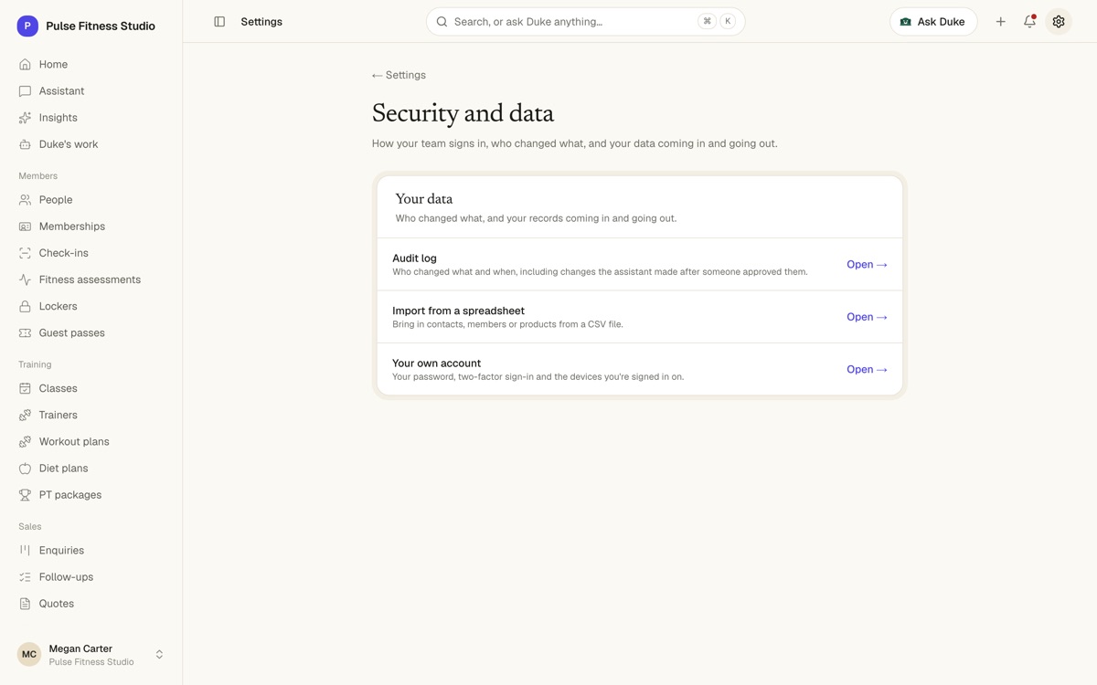 Security and data settings