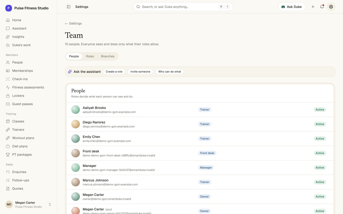 The team page with people, their roles and invitations