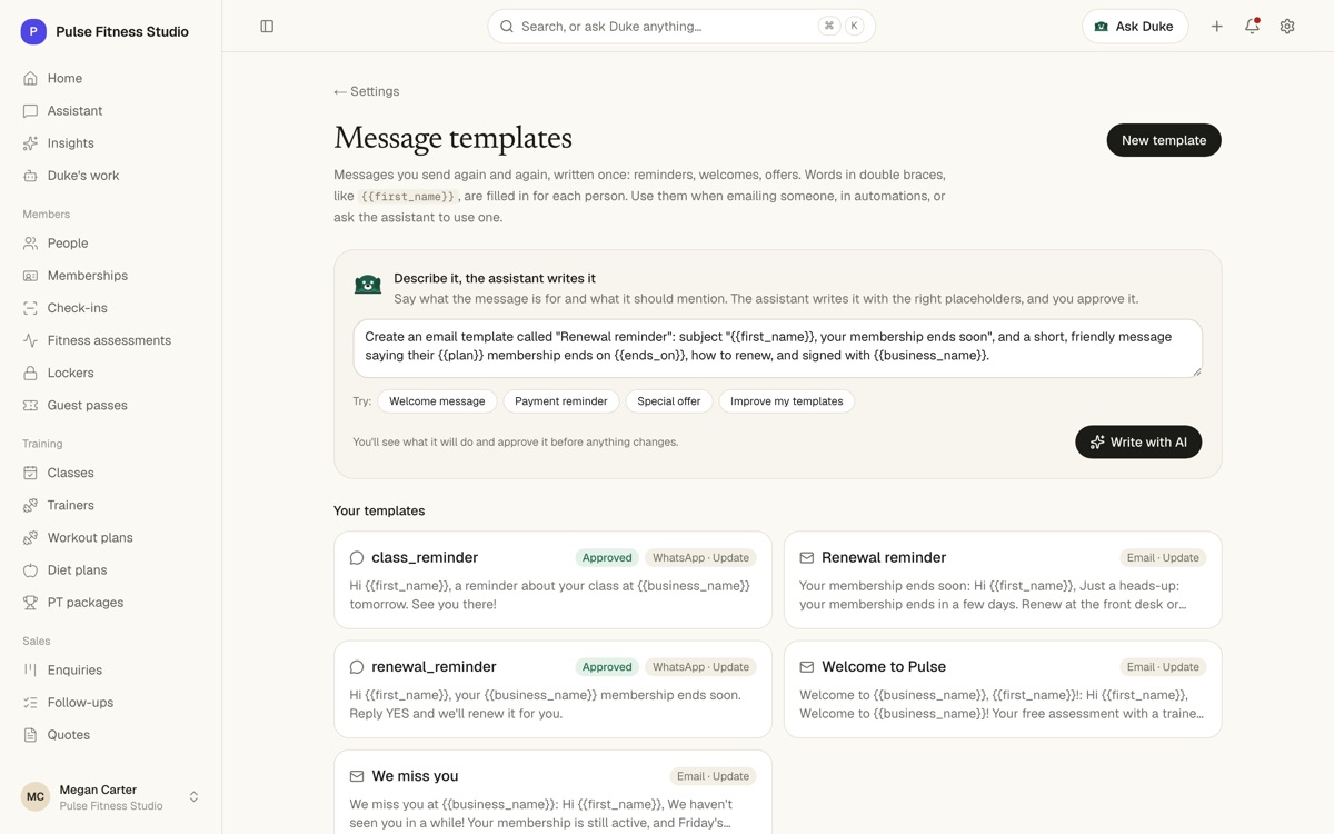 Message templates for email and WhatsApp