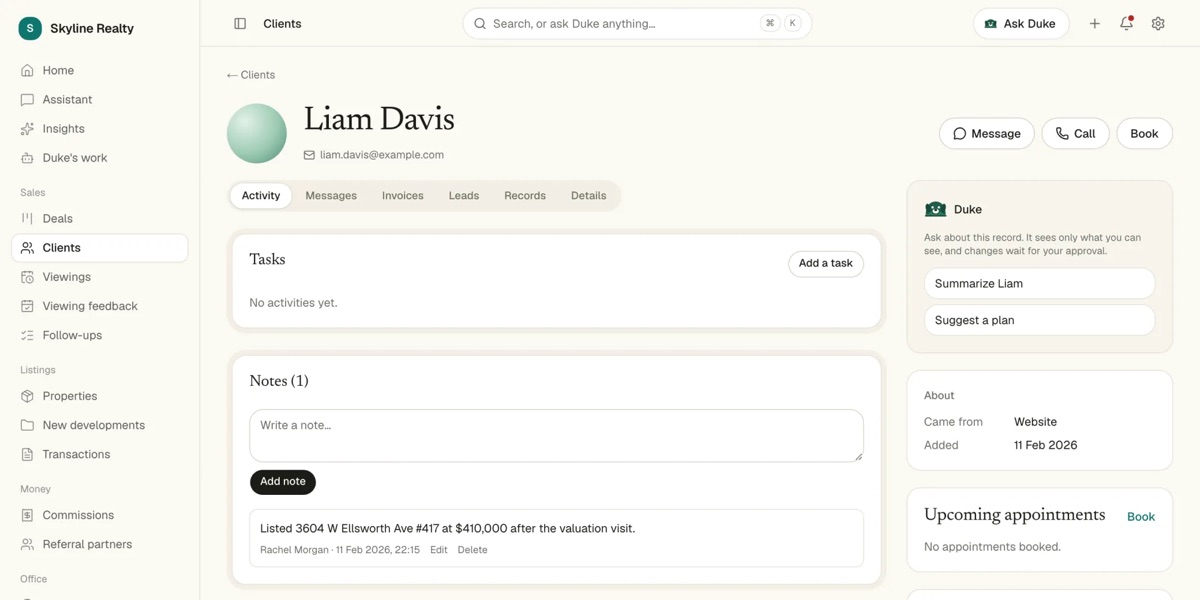 A client page with activity, notes, upcoming appointments and the Duke panel