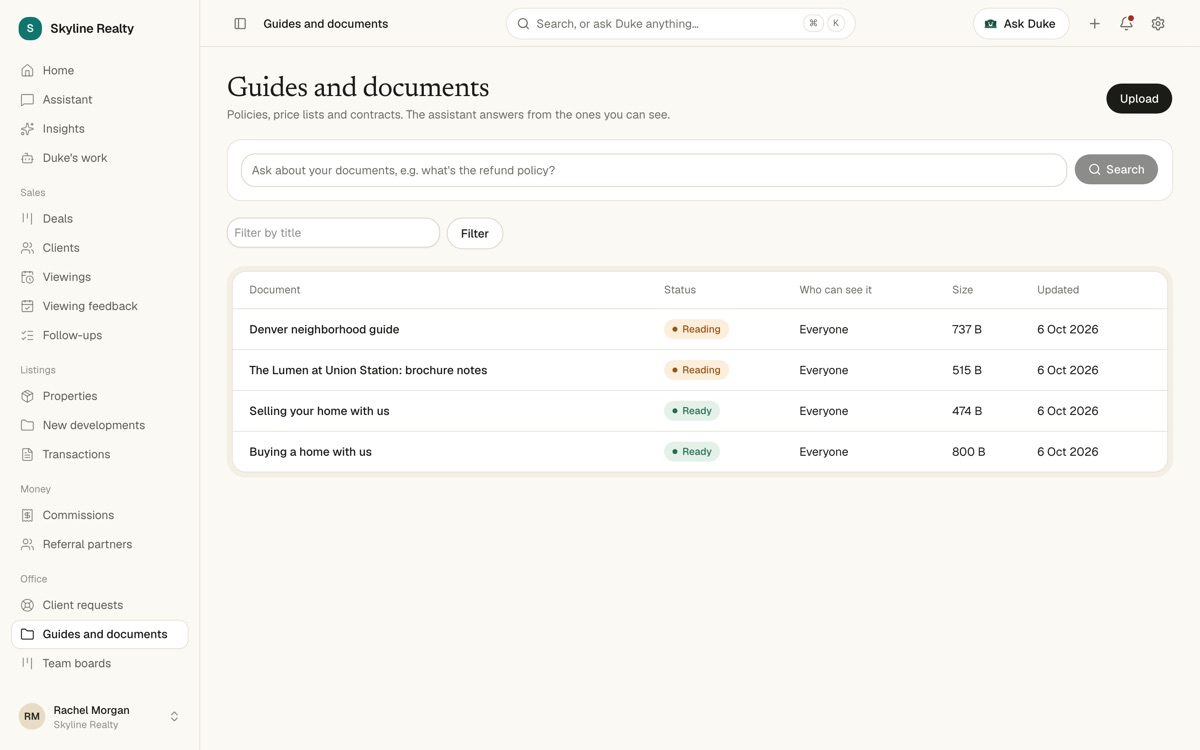 Guides and documents: an Ask about your documents box, and neighbourhood guides, a brochure and buying and selling guides with who can see each