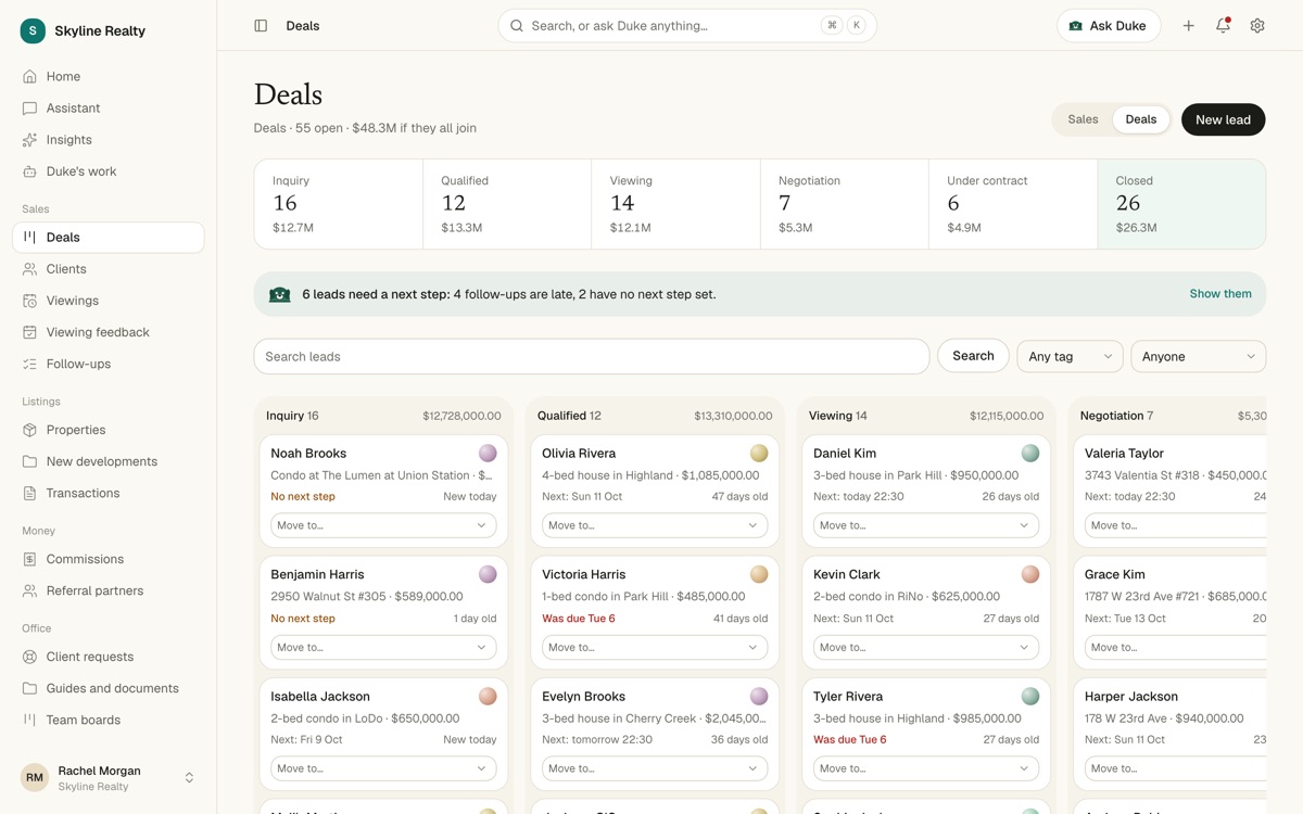 The Deals board of a real estate agency: leads in stages Inquiry, Qualified, Viewing, Negotiation, Under contract and Closed