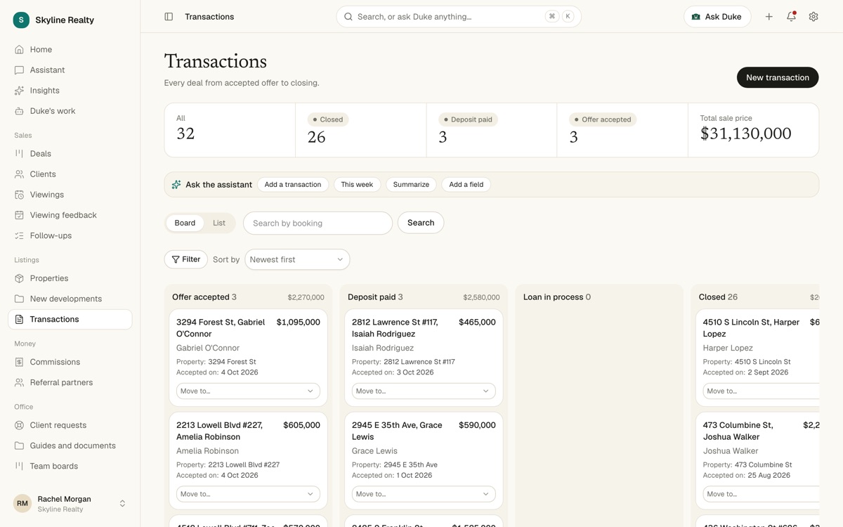 Transactions board: Offer accepted, Deposit paid, Loan in process and Closed, with total sale price