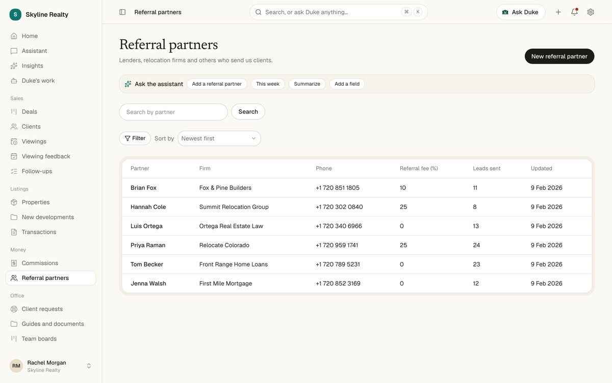 Referral partners table with firm, phone, referral fee percentage and leads sent