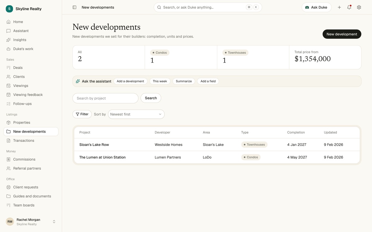 New developments table with townhouses and condos, units and completion