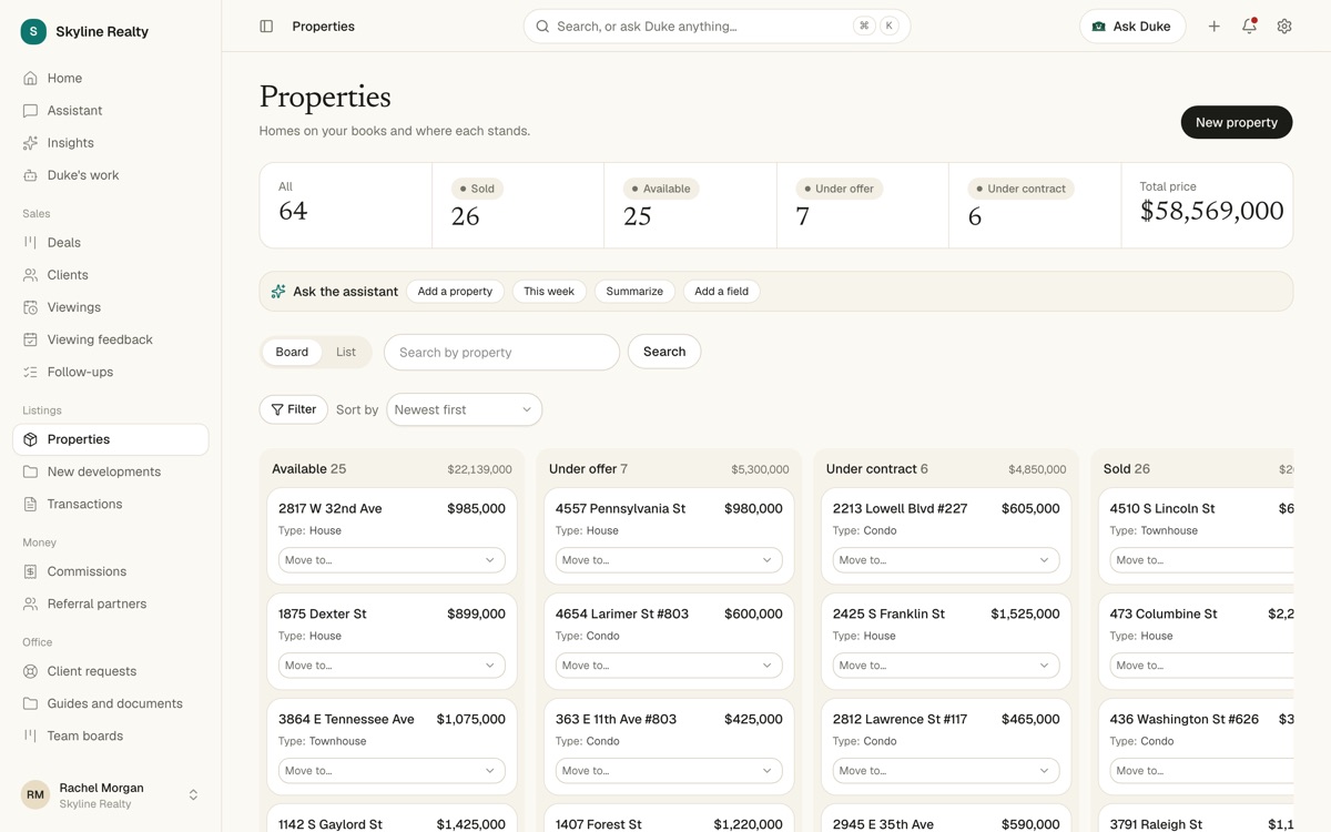 Properties board with Available, Under offer, Under contract and Sold columns and prices
