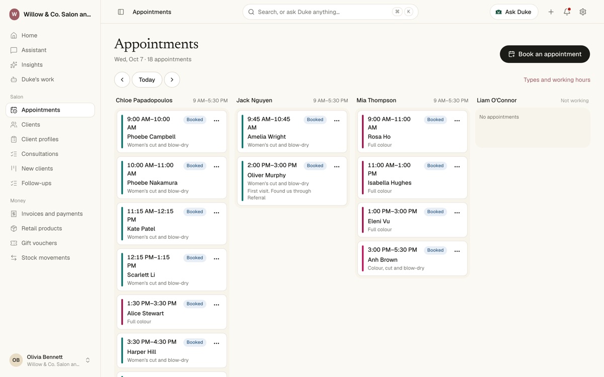 An appointments diary with a column per team member and their bookings